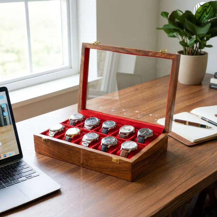 10 Watch Wooden Box with Acrylic Glass Top & Golden Button