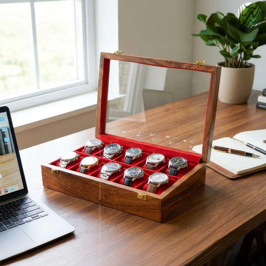 10 Watch Wooden Box with Acrylic Glass Top & Golden Button
