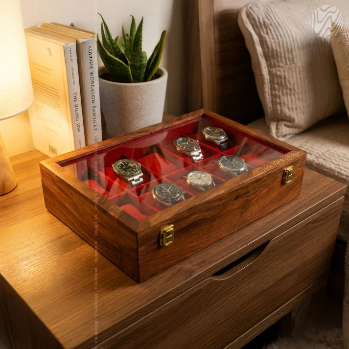 10 Watch Wooden Box with Acrylic Glass Top & Golden Button