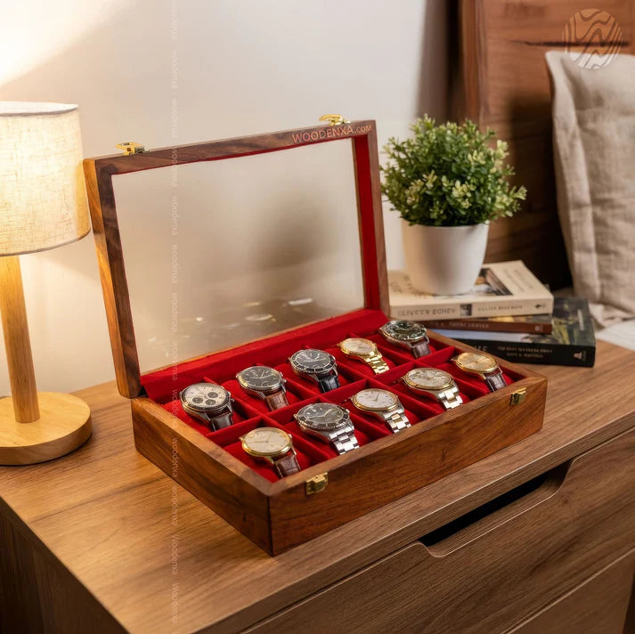 10 Watch Wooden Box with Acrylic Glass Top & Golden Button