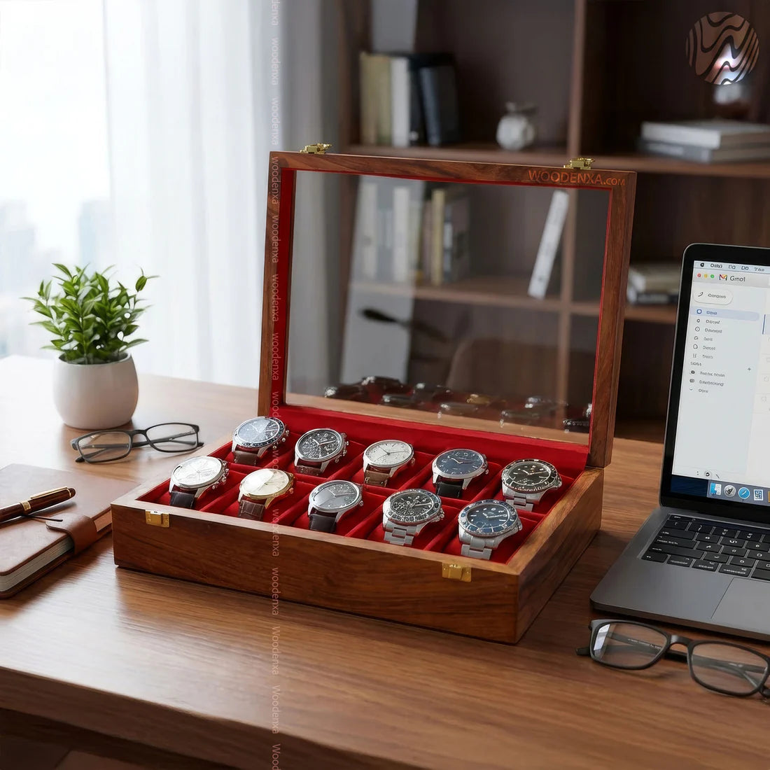 10 Watch Wooden Box with Acrylic Glass Top & Golden Button