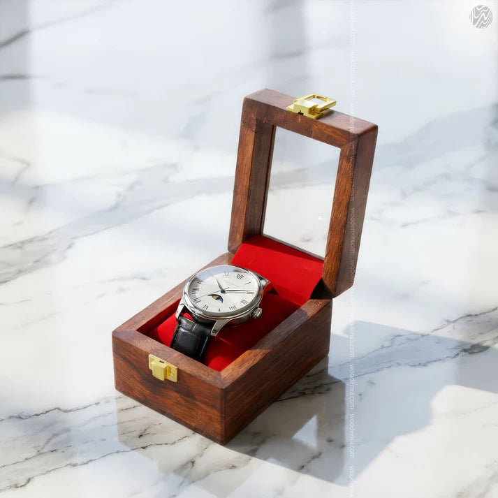 1 Wooden Watch Box with Glass Top & Golden Button | Handmade Sheesham Wood by Signature Craft