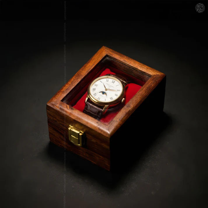 1 Wooden Watch Box with Glass Top & Golden Button | Handmade Sheesham Wood by Signature Craft