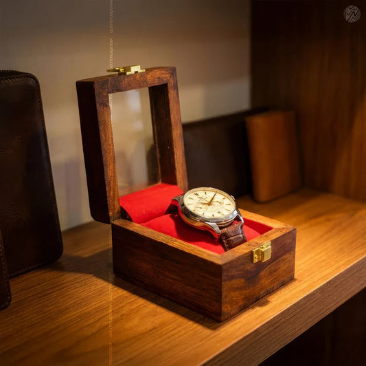 1 Wooden Watch Box with Glass Top & Golden Button | Handmade Sheesham Wood by Signature Craft