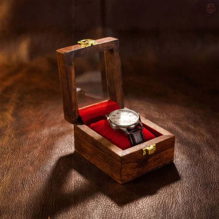 1 Wooden Watch Box with Glass Top & Golden Button | Handmade Sheesham Wood by Signature Craft