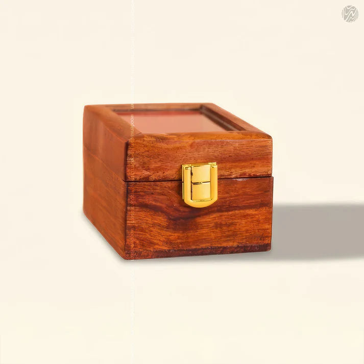 1 Wooden Watch Box with Glass Top & Golden Button | Handmade Sheesham Wood by Signature Craft
