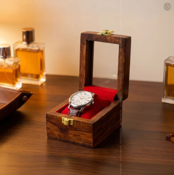1 Wooden Watch Box with Glass Top & Golden Button | Handmade Sheesham Wood by Signature Craft
