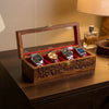 4 Watch Wooden Box with Glass Top, Carving & Golden Button | Handmade by Signature Craft