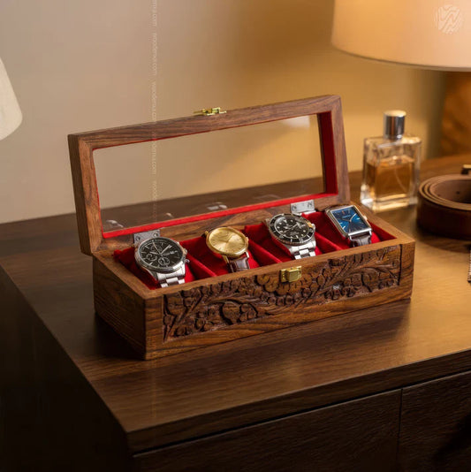 4 Watch Wooden Box with Glass Top, Carving & Golden Button | Handmade by Signature Craft