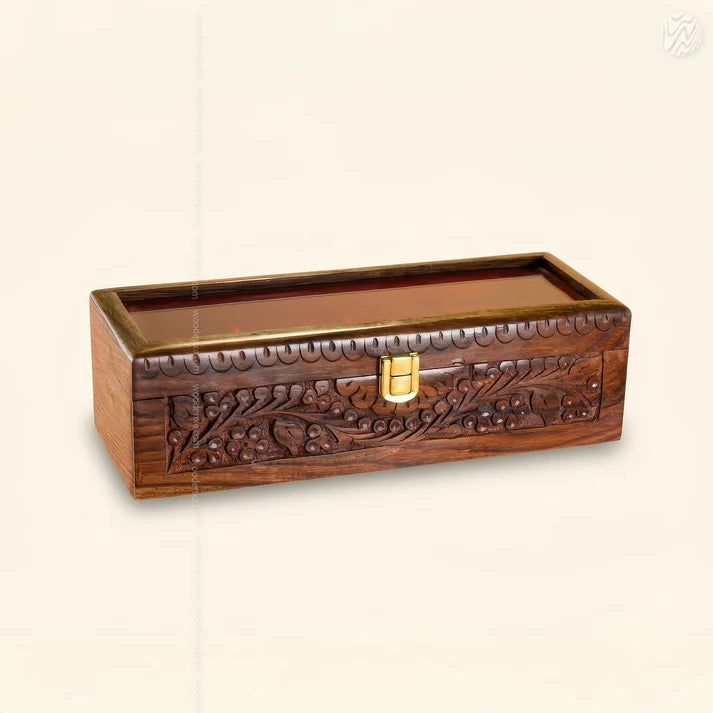 4 Watch Wooden Box with Glass Top, Carving & Golden Button | Handmade by Signature Craft