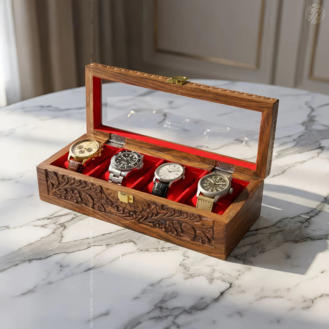 4 Watch Wooden Box with Glass Top, Carving & Golden Button | Handmade by Signature Craft