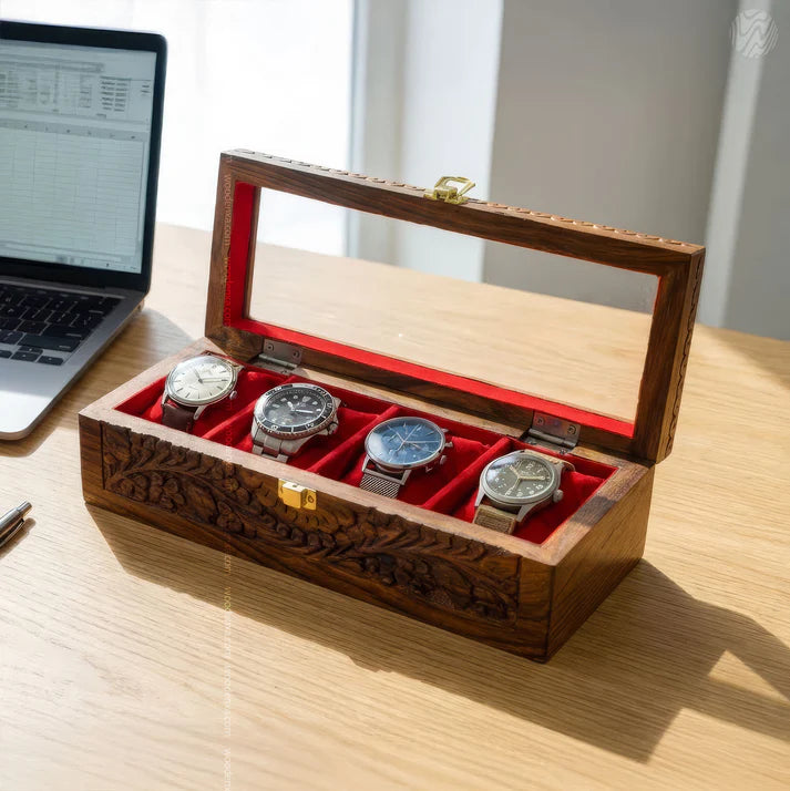 4 Watch Wooden Box with Glass Top, Carving & Golden Button | Handmade by Signature Craft