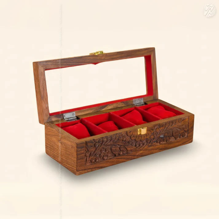 4 Watch Wooden Box with Glass Top, Carving & Golden Button | Handmade by Signature Craft