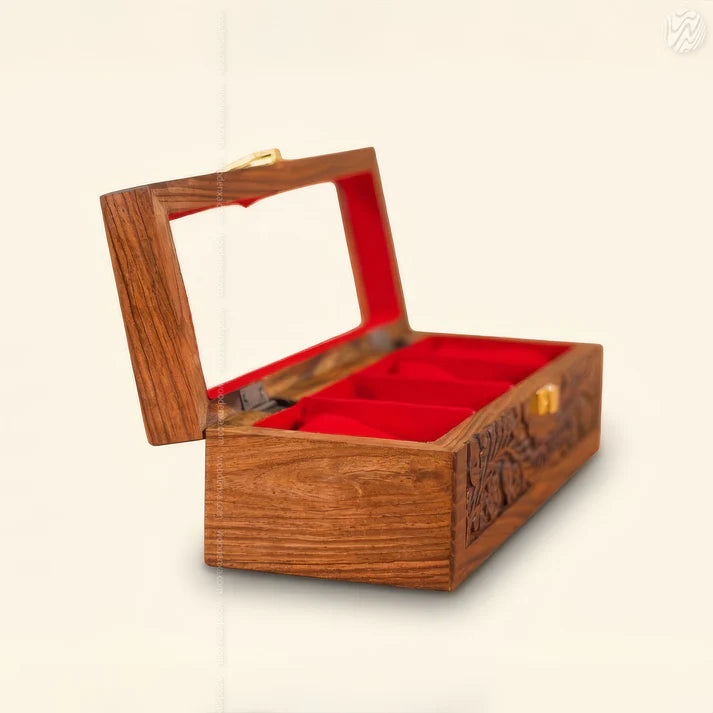 4 Watch Wooden Box with Glass Top, Carving & Golden Button | Handmade by Signature Craft