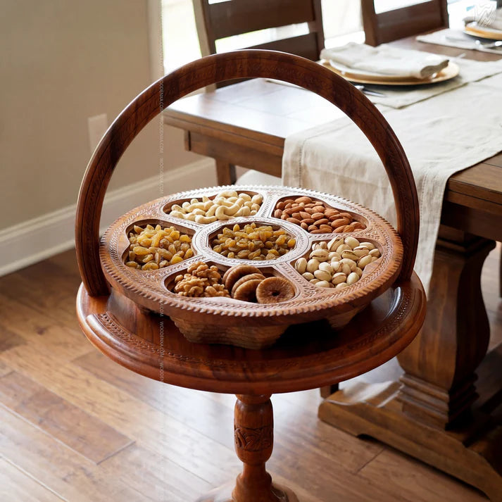 Dry Fruit Wooden Table with Foldable Basket | Handmade