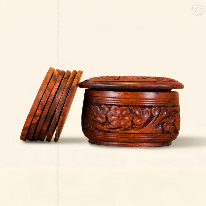 Wooden Handcrafted Tea Mates for 6 Cups – Carving Design