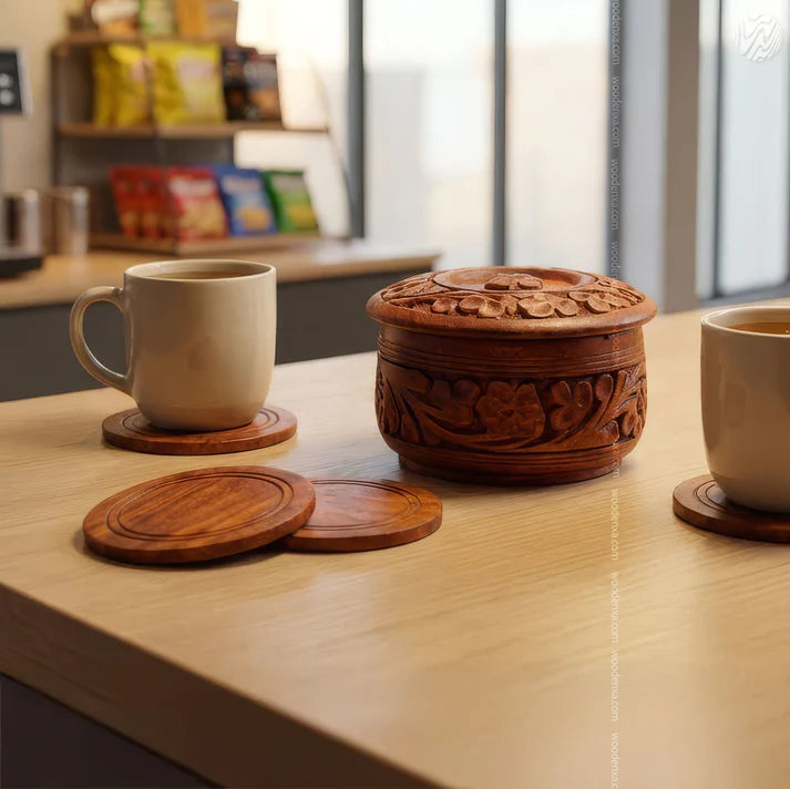 Wooden Handcrafted Tea Mates for 6 Cups – Carving Design