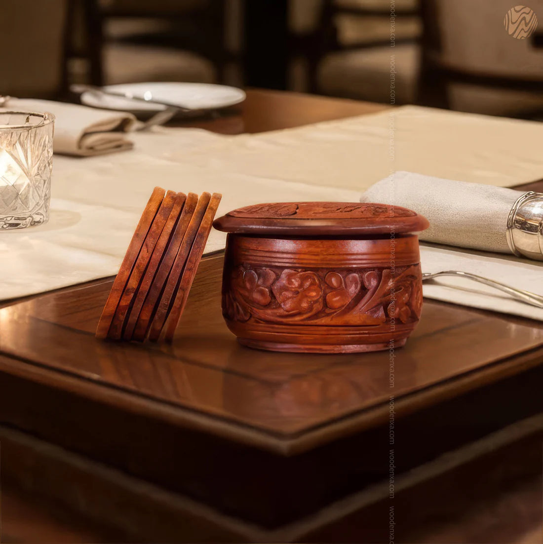 Wooden Handcrafted Tea Mates for 6 Cups – Carving Design