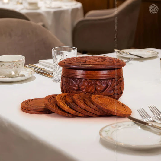 Wooden Handcrafted Tea Mates for 6 Cups – Carving Design