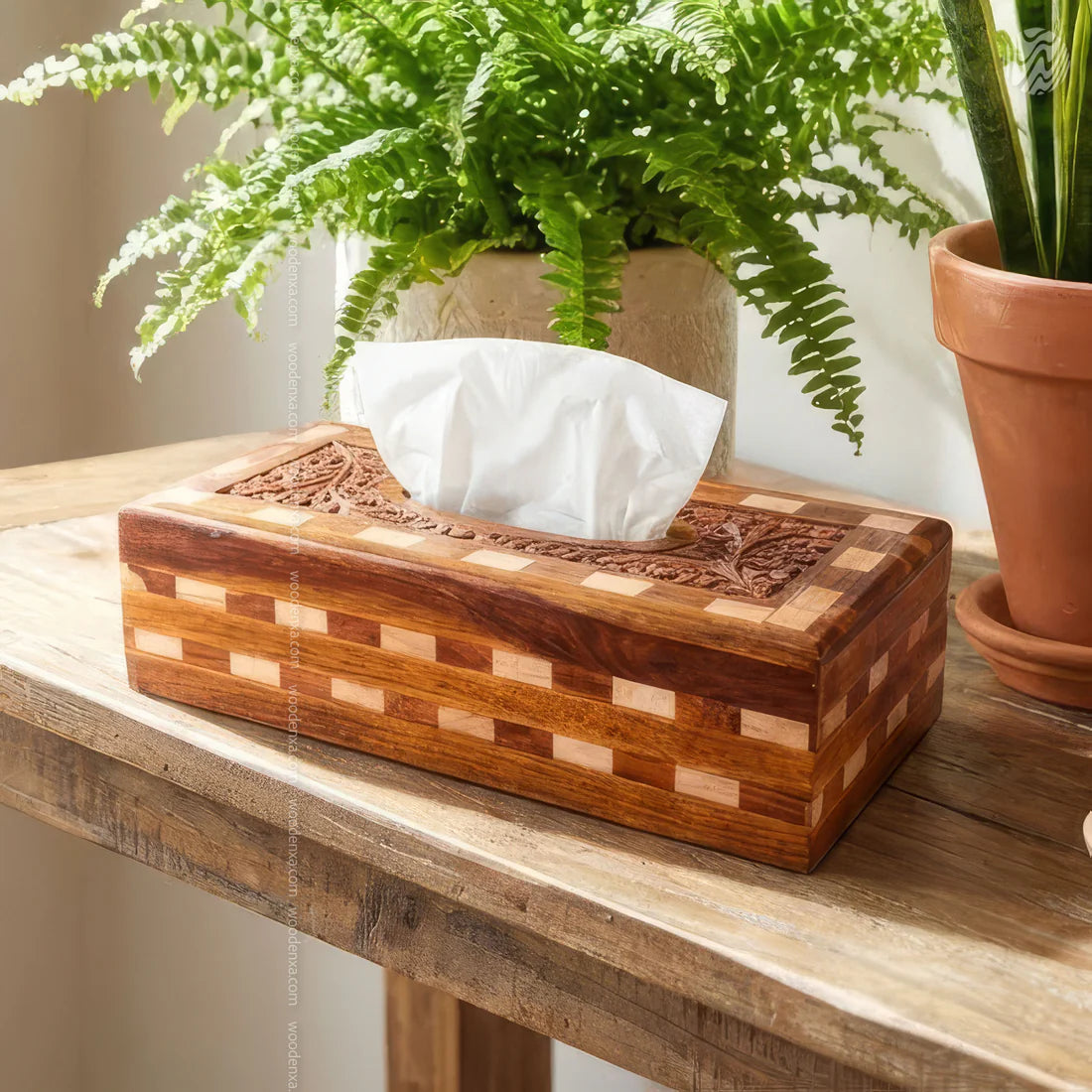 Wooden Tissue Box Tukri Design | Rustic Handmade