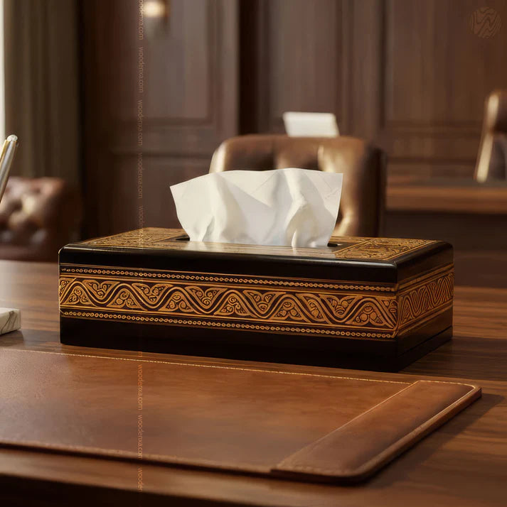 Black Wooden Tissue Box with Golden Naqshi Art | Handmade