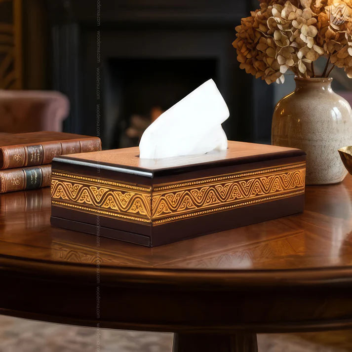 Black Wooden Tissue Box with Golden Naqshi Art | Handmade