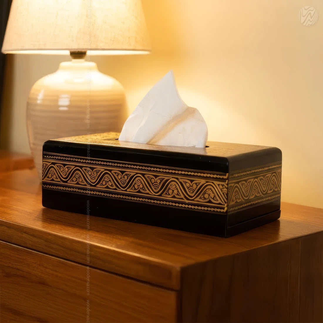 Black Wooden Tissue Box with Golden Naqshi Art | Handmade