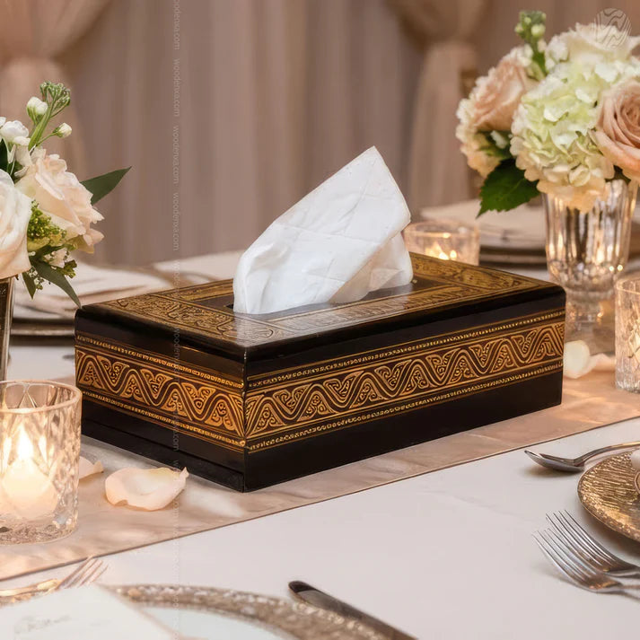 Black Wooden Tissue Box with Golden Naqshi Art | Handmade