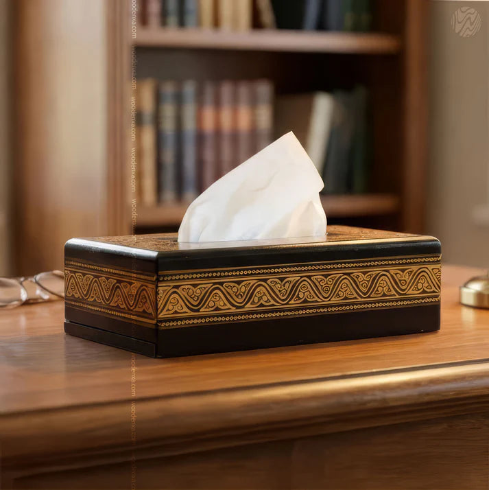 Black Wooden Tissue Box with Golden Naqshi Art | Handmade