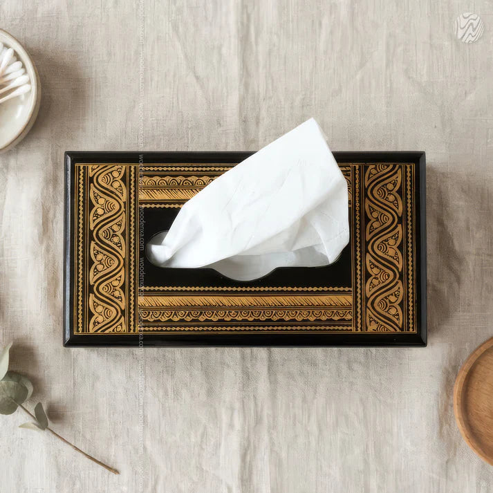 Black Wooden Tissue Box with Golden Naqshi Art | Handmade